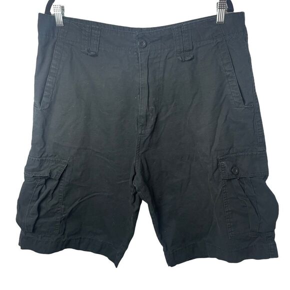 Burnside Solid Black Cargo Shorts 100% Cotton Size 36 multiple pockets zipper - Picture 1 of 11
